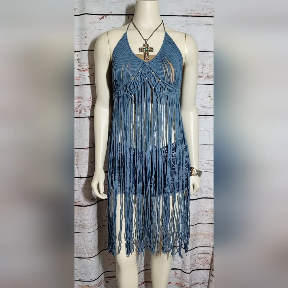 NEW Gorgeous steel blue macreme lace dress coverup size medium
